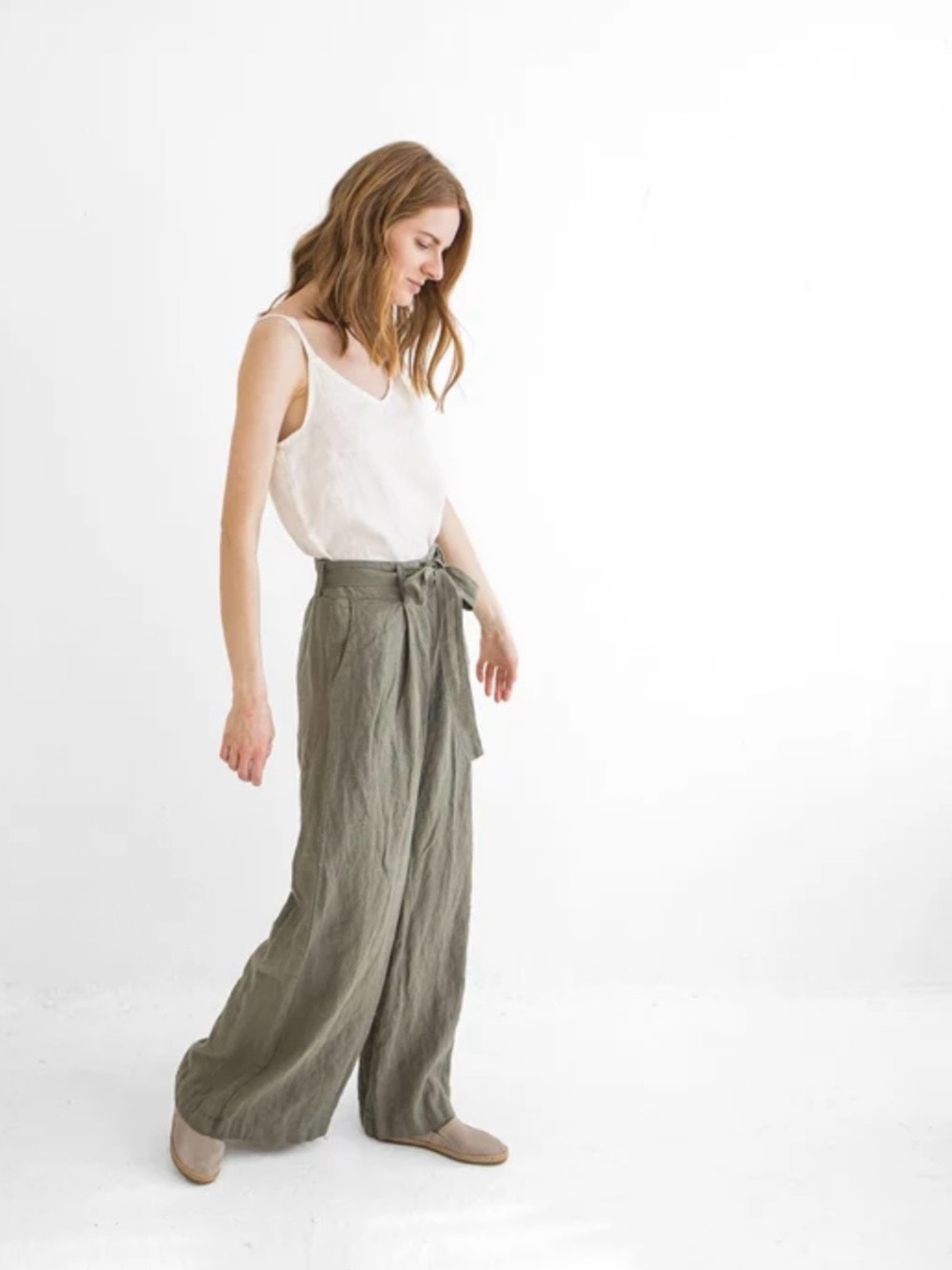 High-Waist Tie-Belt Wide Leg Pants - Olive